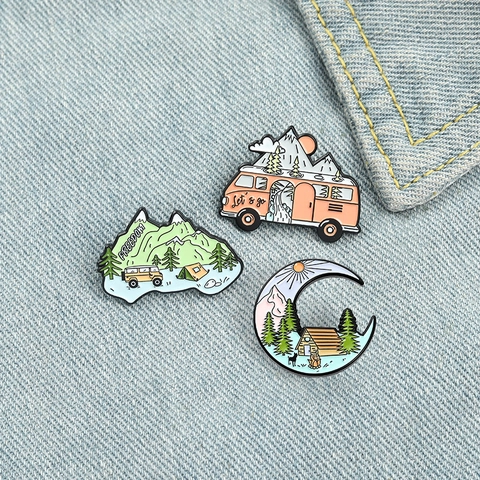 Outdoor Abenteuer Emaille Pin Brosche Legierung Camping Wohnmobil Bus Berg Mond Wald Abzeichen Schmuck Zubehör Für Rucksäcke