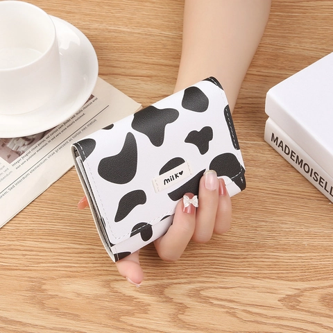 Women Mini Tri-Fold Wallet PU Leather Cute Cow Print Strawberry Milk Pattern Multi Card Slots Portable For Girls