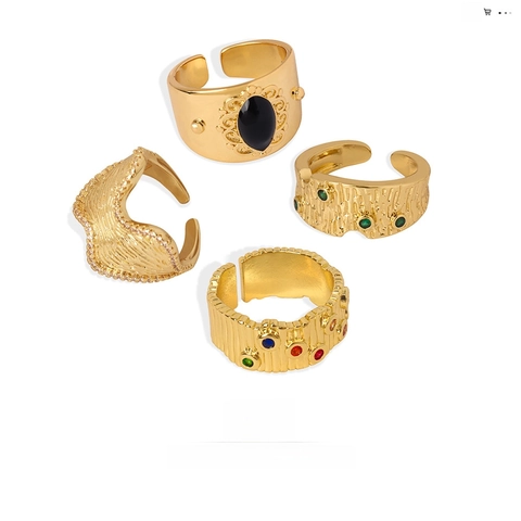 Retro Geometric Open Rings For Women Adjustable Copper Inlaid Multi Color Zircon Irregular Texture Light Luxury Jewelry