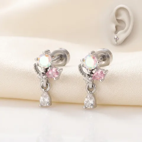Water Drop Pendant Stud Earrings Titanium Steel Copper Zircon Crown Flower Design Double Headed Screw Back Jewelry For Women