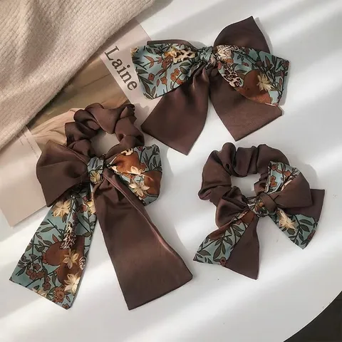 Vintage Blumen Schleife Haargummi Mit Langen Bändern Stoff Patchwork Große Haargummi Haarspange Für Frauen Französischer Stil