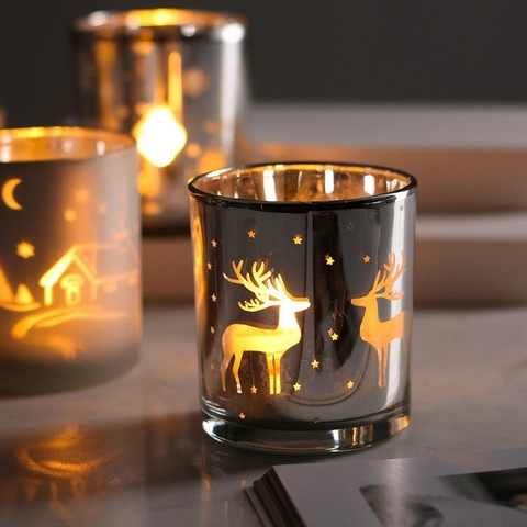 Christmas Glass Candle Holder Reindeer Snowflake Pattern Electroplated Mercury Votive Cup Holiday Home Party Decor