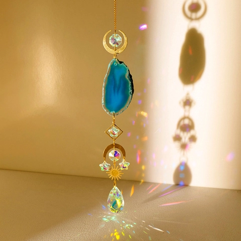 Natural Agate Slice Crystal Suncatcher Hanging Ornament Celestial Moon Sun Star Rainbow Maker Window Garden Decor