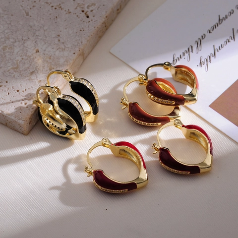 French Vintage Enamel Oil Drop Hoop Earrings For Women Copper Rhinestone Geometric Heart High Sense Fashion Jewelry