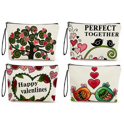 Linen Makeup Bag Cosmetic Pouch With Zipper And Wristlet Strap Cartoon Bird Heart Print Portable Multi-functional Organizer