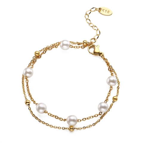 Bracciale a Doppio Strato in Acciaio Inossidabile Minimalista da Donna Con Perle Artificiali Gioielli Regolabili Oro Argento
