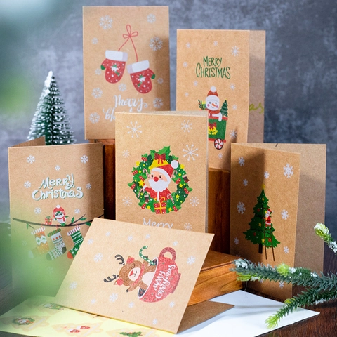 Christmas Greeting Cards Kraft Paper Envelopes Stickers Festive Holiday Party Decor Cartoon Santa Reindeer Pattern