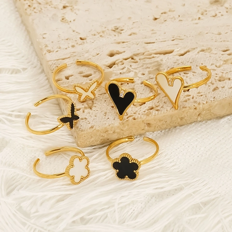 Adjustable Open Ring 18K Gold Plated 304 Stainless Steel Enamel Shell Heart Butterfly Clover Jewelry For Women