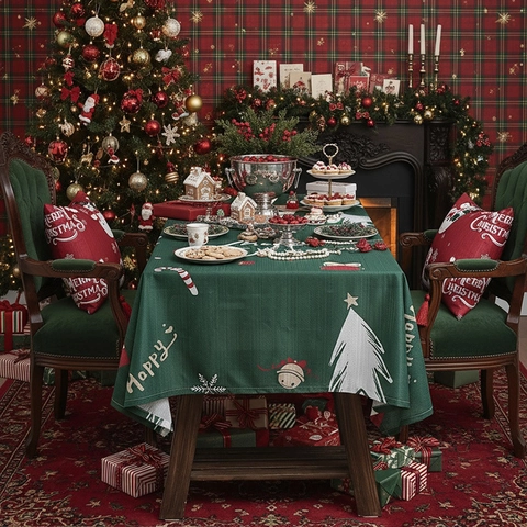 Christmas Theme Rectangular Tablecloth Polyester Table Cover Reindeer Snowflakes Print Holiday Decor Festive Table Linens