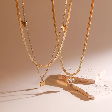 Butterfly Pendant Necklace 18K Gold Plated Titanium Steel Double Layer Snake Chain Round Crystal Minimalist For Women