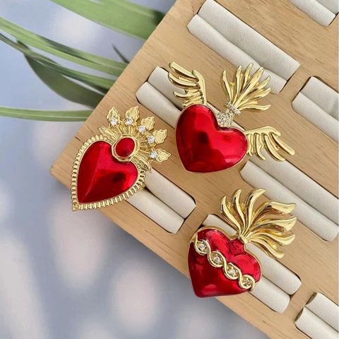 Sacred Heart Verstellbare Ringe Rote Emaille Vergoldetes Kupfer Zirkon Gothic Barock Flügel Krone Vintage Schmuck Damen Herren
