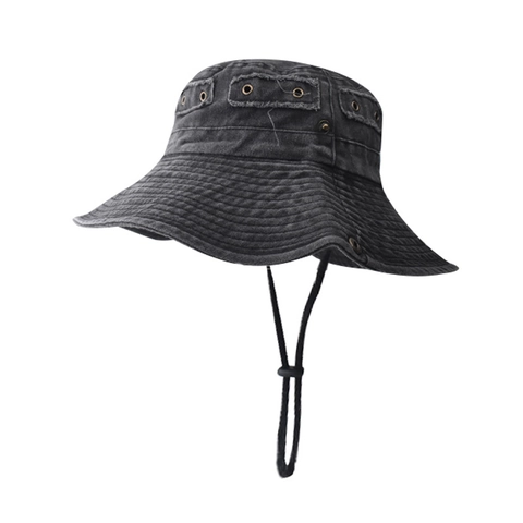Washed Cotton Bucket Hat Foldable Wide Brim Sun Protection Outdoor Fishing Hiking Retro Cowboy Style With Adjustable Wind Rope