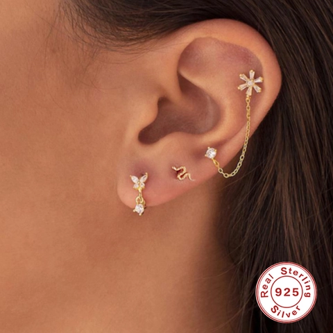 Snake Stud Earrings With 925 Sterling Silver Earring Post And Cubic Zirconia Screw Back Piercing Cartilage Punk For Women