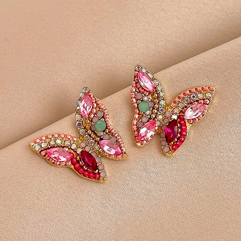 Colorful Rhinestone Butterfly Stud Earrings Alloy With 925 Sterling Silver Earring Post Vintage Elegant Jewelry Women