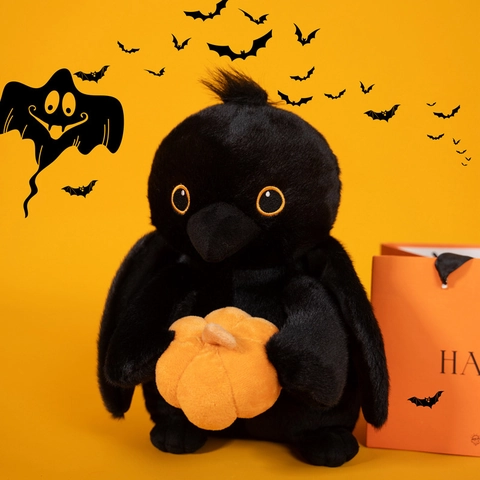 Cute Black Crow Plush Toy Holding Pumpkin Soft Stuffed Animal Halloween Decoration Bird Doll Festive Gift For Kids