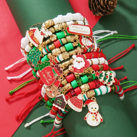 Christmas Beaded Bracelet Polymer Clay Alloy Santa Snowman Reindeer Charms Festive Handcrafted Holiday Jewelry Accessories For Women