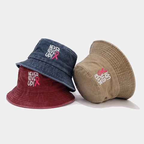 Bucket Hat Baumwolle Brustkrebs Pink Ribbon Stickerei Sonnenschutz Outdoor Casual Damen Gewaschen