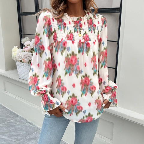 Women Floral Print Blouse Chiffon Polyester Long Sleeve Smocked High Neck Lantern Sleeve Pullover Elegant Top