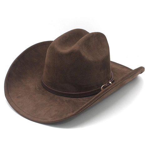 Western Cowboy Hoed Suede Polyester Brede Rand Vintage Jazz Stijl Met Leren Riem Decoratie Voor Heren Dames