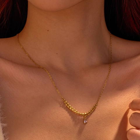 Edelstahl Halskette Für Damen 18K Vergoldet Layered Kette Mit Zirkonia Wassertropfen Anhänger Modeschmuck