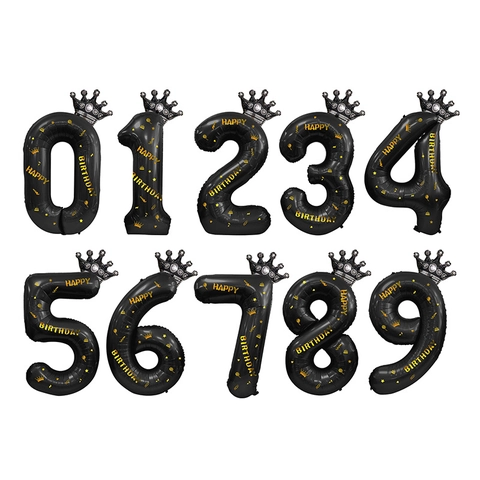 Black Number Foil Balloon With Crown Decoration Birthday Party Decor Gold Printing
