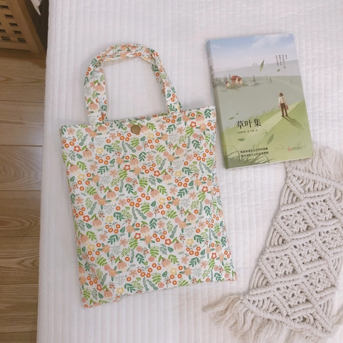 Sac À Main En Toile De Coton À Fleurs Fraîches Petit Fourre-Tout Sac Shopping Portable Avec Bouton Pression