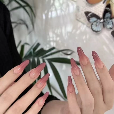 Ombre Verlauf Pink Lila Press On Nägel Lang Mandel Hochglanz Elegant Handgemacht Wiederverwendbare Falsche Nägel Für Damen