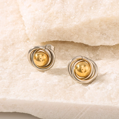 Minimalistische Geometrische Planeten Ohrstecker 18K Vergoldeter Edelstahl Zweifarbig Rund Kugel Schmuck Für Damen