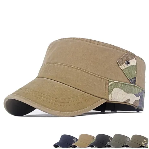 Herren Flachdeckel Kadettenmütze Baumwolle Camouflage Patchwork Washed Distressed Militär Stil Outdoor Sonnenschutz Verstellbar