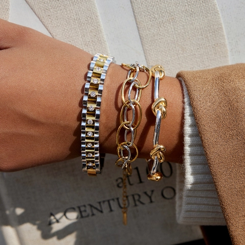 Two-Tone Stainless Steel Mixed Link Chain Bracelet For Women Trendy Gold Silver Patchwork Link Bangle Rhinestone Jewelry Gift