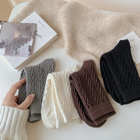 Women Mid Calf Socks Cable Knit Warm Retro Solid Color Sweet Ribbed Cuff Autumn Winter