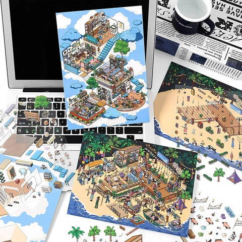 Deco Scene Stickers PET Cardboard 2.5D Isometric DIY Scrapbooking Architectural Illustration Journal Decoration