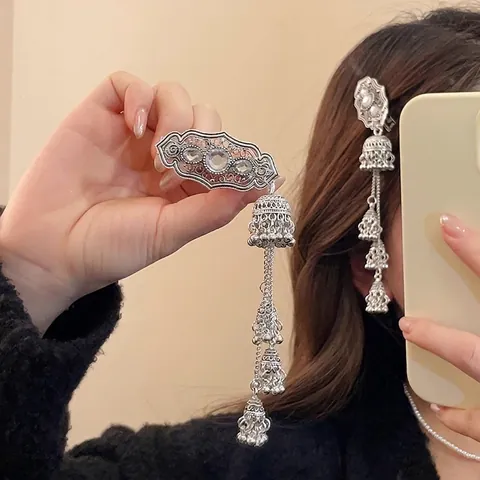 Pinza Para El Pelo Hueca De Aleación De Plata Étnica Retro Con Borla De Campana Jhumka De Strass Accesorio Para Mujer