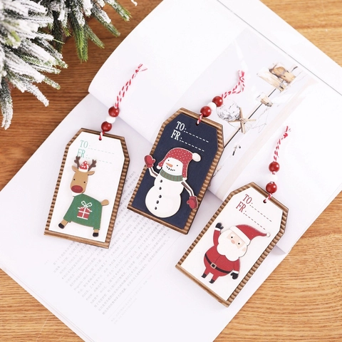 Christmas Wooden Hanging Gift Tags Santa Snowman And Reindeer Ornaments With Rope Beads For Tree Decor Labels