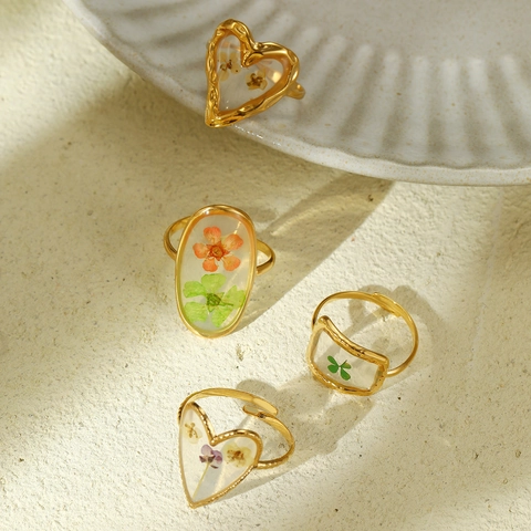 Anillo Abierto de Acero Inoxidable con Flores Secas de Resina para Mujer Corazón Óvalo Rectángulo Dorado Vintage Lujo Ajustable Joyería de Moda Regalo