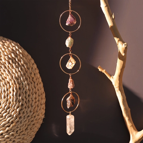 Atrapasol De Cristal Natural Adorno Colgante Amatista Citrino Prisma Piedra Bruta Anillos De Metal Decoración Hogar