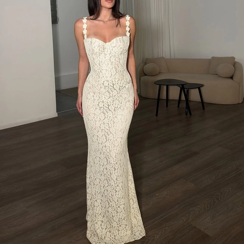 Spitzen Camisole Maxikleid Mit 3D Blumen Trägern V Ausschnitt Körperbetont Meerjungfrau Elegant Sexy Damen