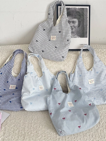 Sac Fourre-tout Décontracté Pour Femmes Toile De Polyester Vichy Bleu Rayé Broderie Nœud Grande Capacité Sac Shopping