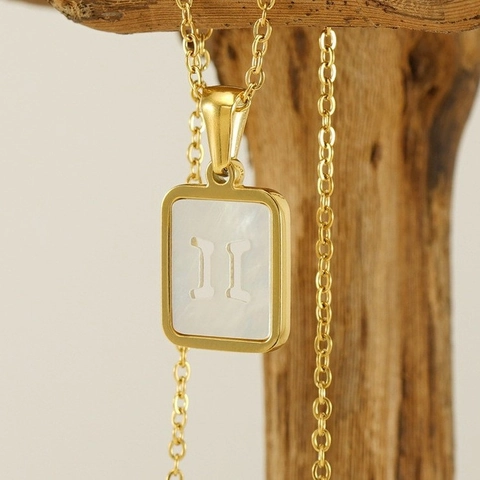 Zodiac Sign Necklace Stainless Steel 18K Gold Plated Rectangular White Shell Mother Of Artificial Pearl Pendant Fashion For Women