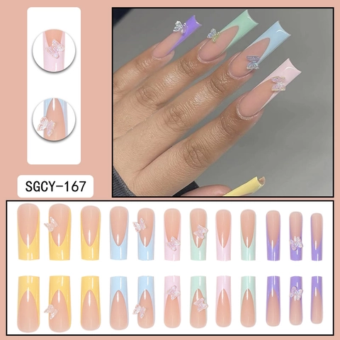 Ψευτικα Νυχια Press On Long Coffin Rainbow French Tips 3D Butterfly Rhinestone Sweet Macaron Colors Full Cover