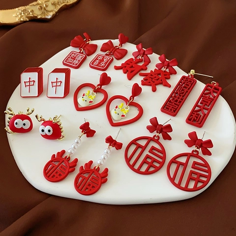 Red Festive Earrings With Silver Earring Post Alloy Chinese New Year Bow Knot Tassel Lucky Character For Women