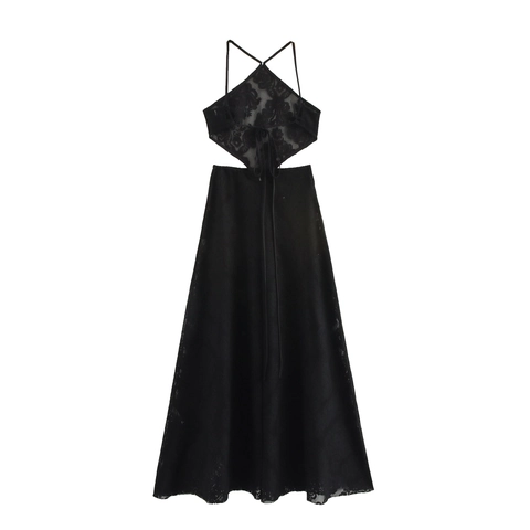 Sexy Halter Backless Kant Hol Uit Maxi Jurk Voor Vrouwen Zomer Strand Vakantie Feest Mouwloos Zwart
