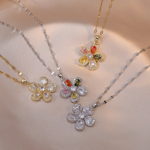 Flower Pendant Necklace Stainless Steel Colorful Cubic Zirconia Chic Clavicle Chain For Women Jewelry Accessory