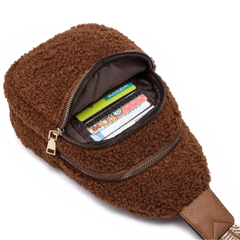 Plush Crossbody Chest Bag Lamb Wool Teddy Fleece Wide Geometric Strap PU Leather Detail Winter Fashion Casual For Women