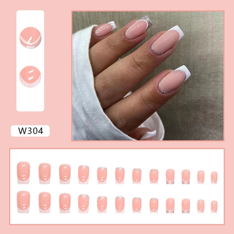 French Tip Press On Nails Square Nude Pink With White Edge And Silver Glitter Minimalist Artificial False Nails For Women