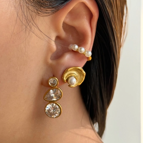 18K Vergulde Roestvrijstalen Oorbellen Met 18K Goud Oorsteker Kunstparel En Zirkoon C-Vorm Ear Cuff Sieraden Voor Dames