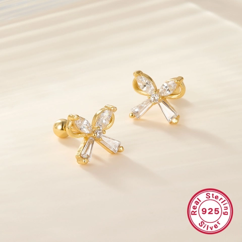 S925 Sterling Silver Bowknot Stud Earrings For Women Exquisite Zirconia Screw Ball Back Inlaid Shiny Rhinestone Fashion Jewelry Finger Jewelry Accessory Gift
