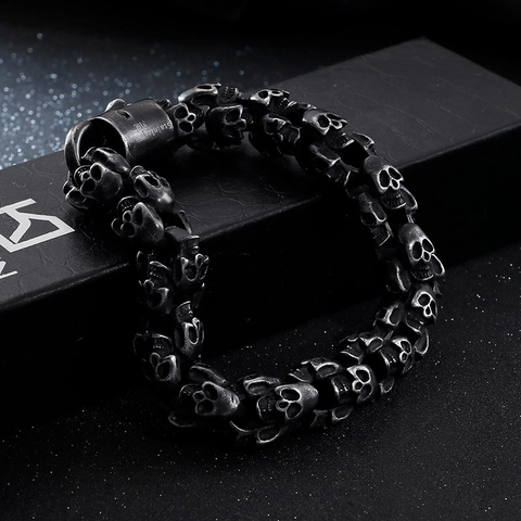 Bracciale Teschio Uomo Acciaio Inossidabile 316L Gioielli Punk Gothic Biker Vintage Argento Nero Catena Maglie
