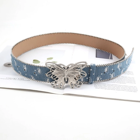 Cintura in Denim da Donna Con Fibbia a Farfalla Argento Cintura Moda Y2K Con Strass Usurati per Jeans Accessori Donna