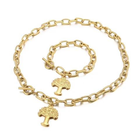 Collana E Bracciale Albero Della Vita In Acciaio Inossidabile Per Donna Catena Grossa Pendente Foglia Cuore Chiusura T Vintage